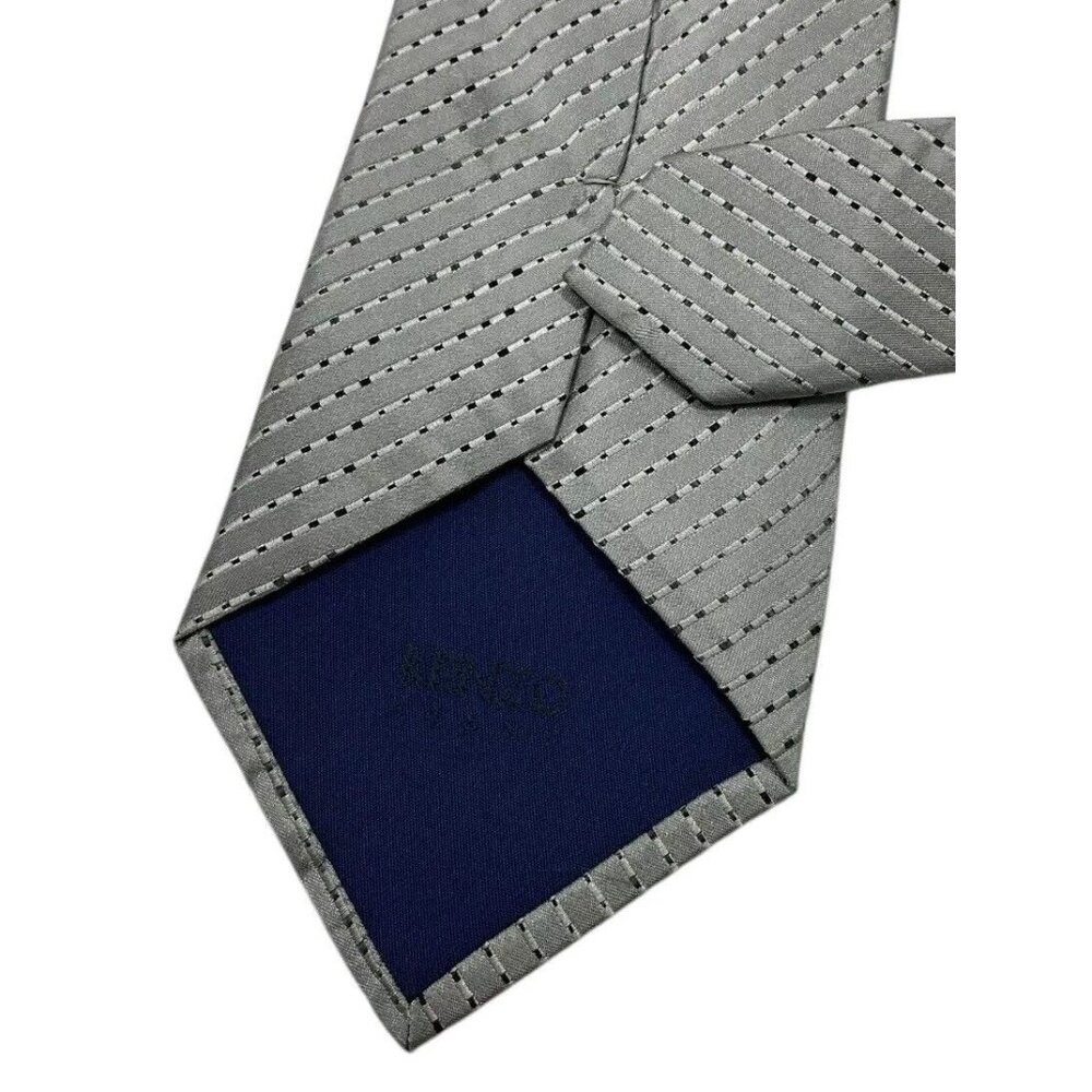 KENZO Men's 100% Silk Necktie LUXURY Gray Silver Striped Geometric W:3.7" EUC - Picture 4 of 4